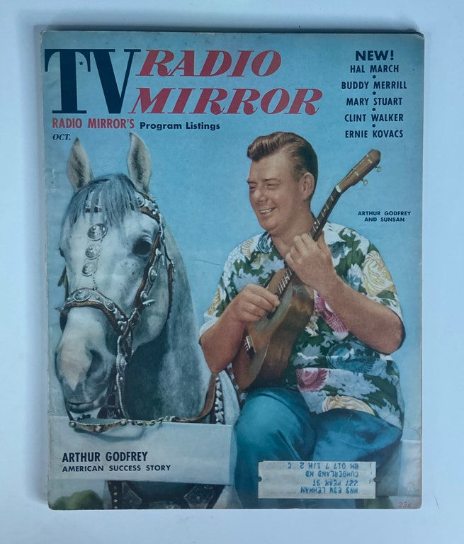 Vintage TV Radio Mirror Magazine cover from October 1956 featuring Arthur Godfrey, showcasing his success story alongside a horse, with program listings and notable personalities.