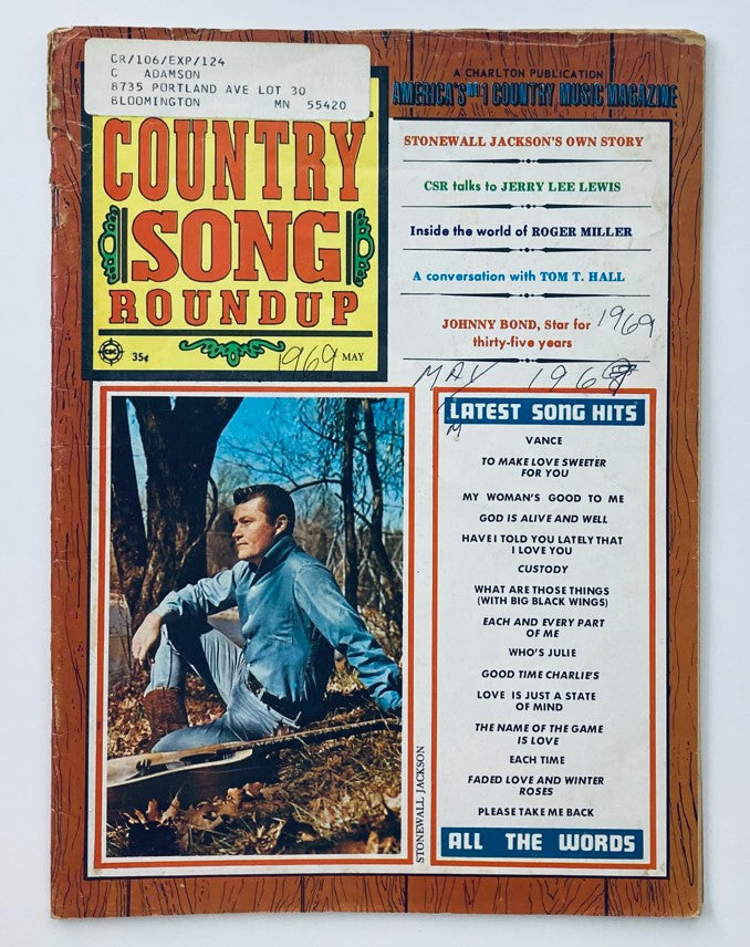 Cover of VTG Country Song Roundup Magazine May 1969 featuring Stonewall L. Jackson's Own Story, showcasing a vintage design, vibrant colors, and country music themes.