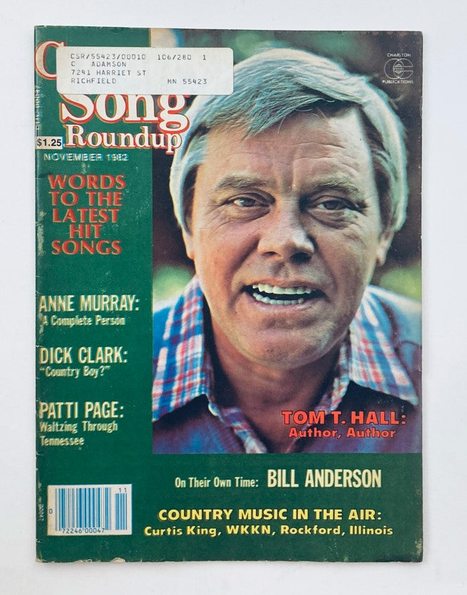 Cover of the November 1982 issue of Country Song Roundup magazine featuring Tom T. Hall, showcasing articles on country music, including profiles on artists like Anne Murray and Dick Clark.