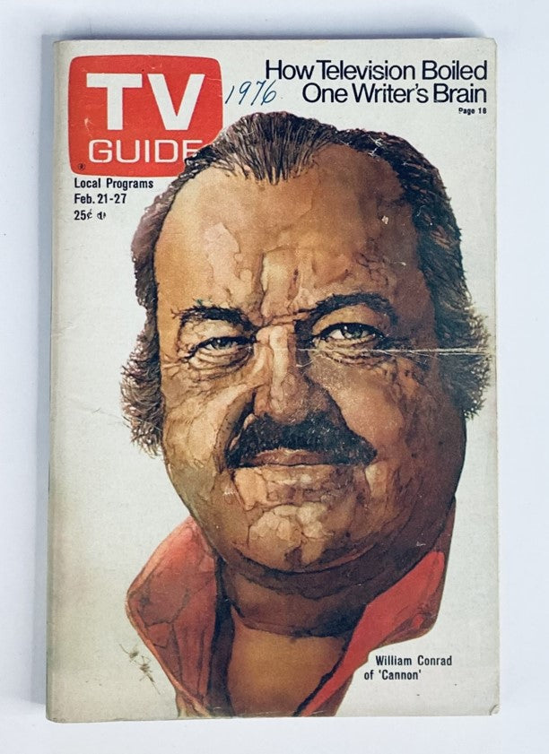Cover of the TV Guide Magazine February 21 1976 #1195 featuring William Conrad, showcasing vintage television charm with a painted portrait of the actor.