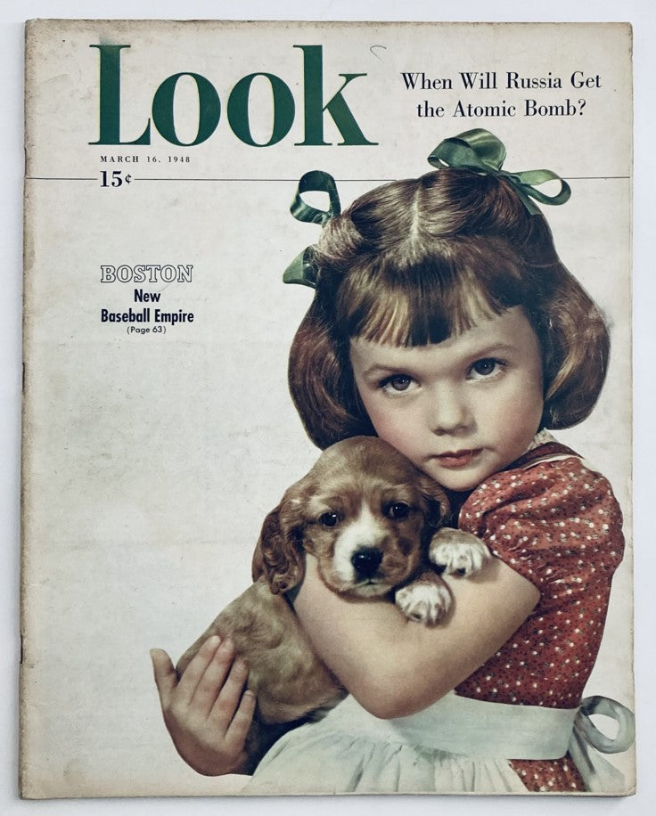 Cover image of VTG Look Magazine March 16 1948 featuring a young girl holding a puppy, highlighting mid-20th century Americana.