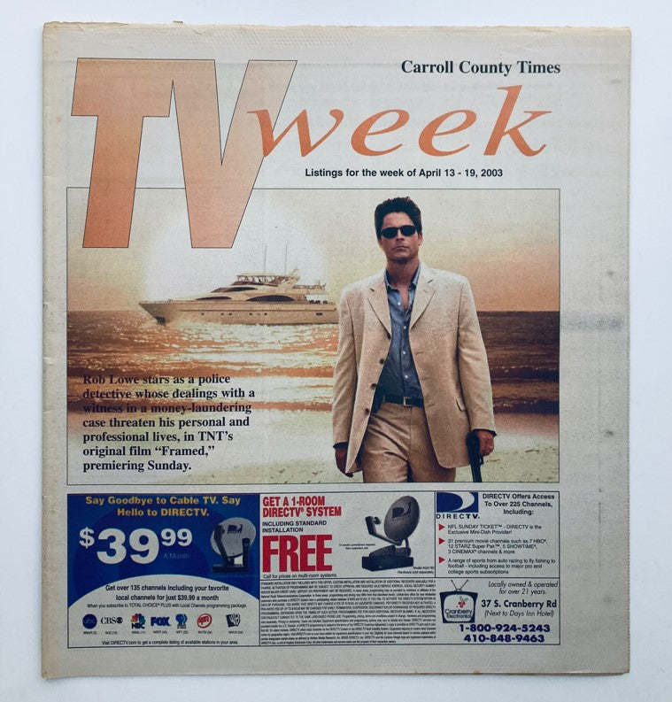 TV Week Magazine April 13 2003 featuring Rob Lowe as a police detective on the cover, showcasing a vintage design with a scenic maritime background and promotional content.
