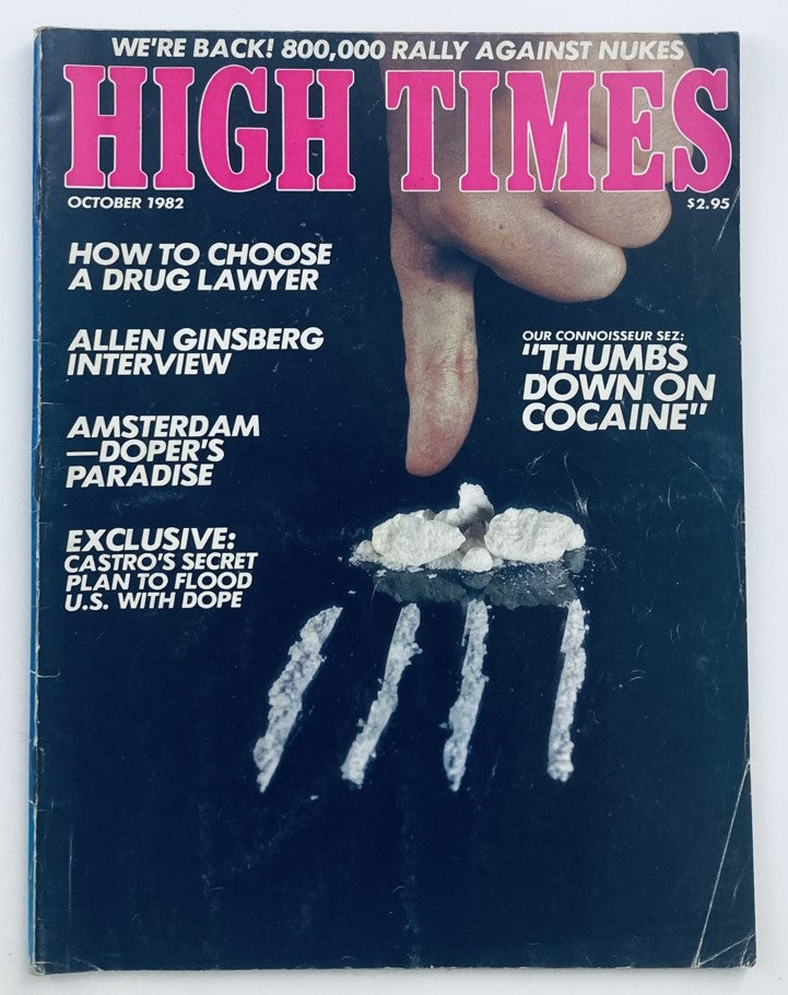 Cover of VTG High Times Magazine October 1982 #86 featuring an interview with Allen Ginsberg, showcasing a provocative design and reference to drug culture.