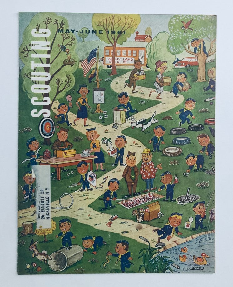 Vintage Scouting Magazine May 1961 cover featuring colorful illustrations of scouts engaging in various activities, showcasing the theme 'Where Scoutmasters Grow'.