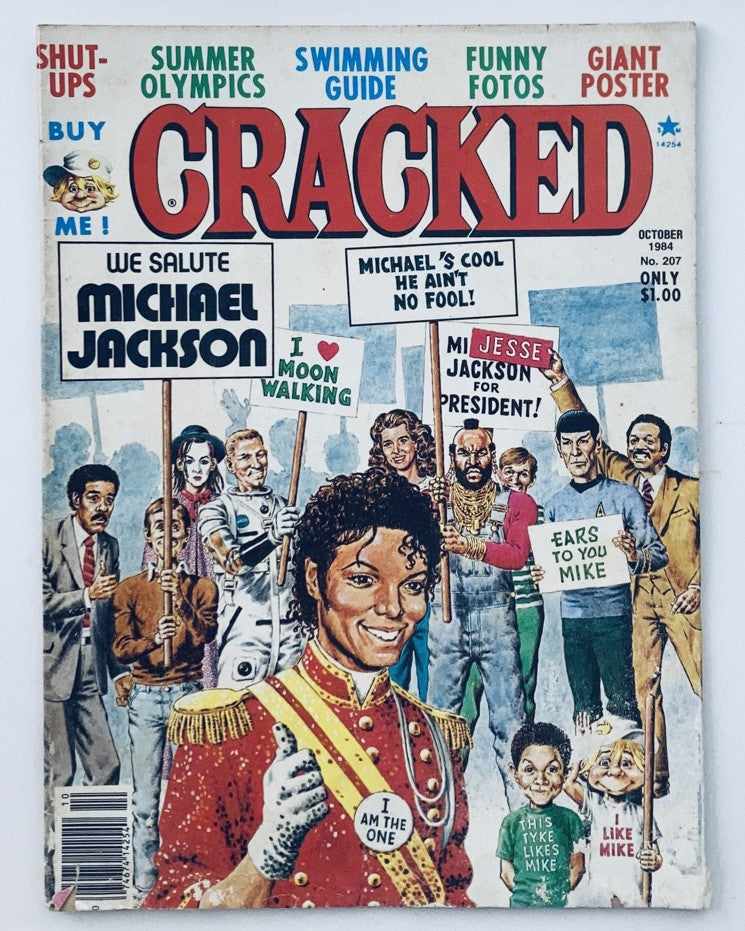 Cover of VTG Cracked Magazine October 1984 No. 207 featuring Michael Jackson, with cartoon illustrations and humorous text, reflecting pop culture of the 1980s.