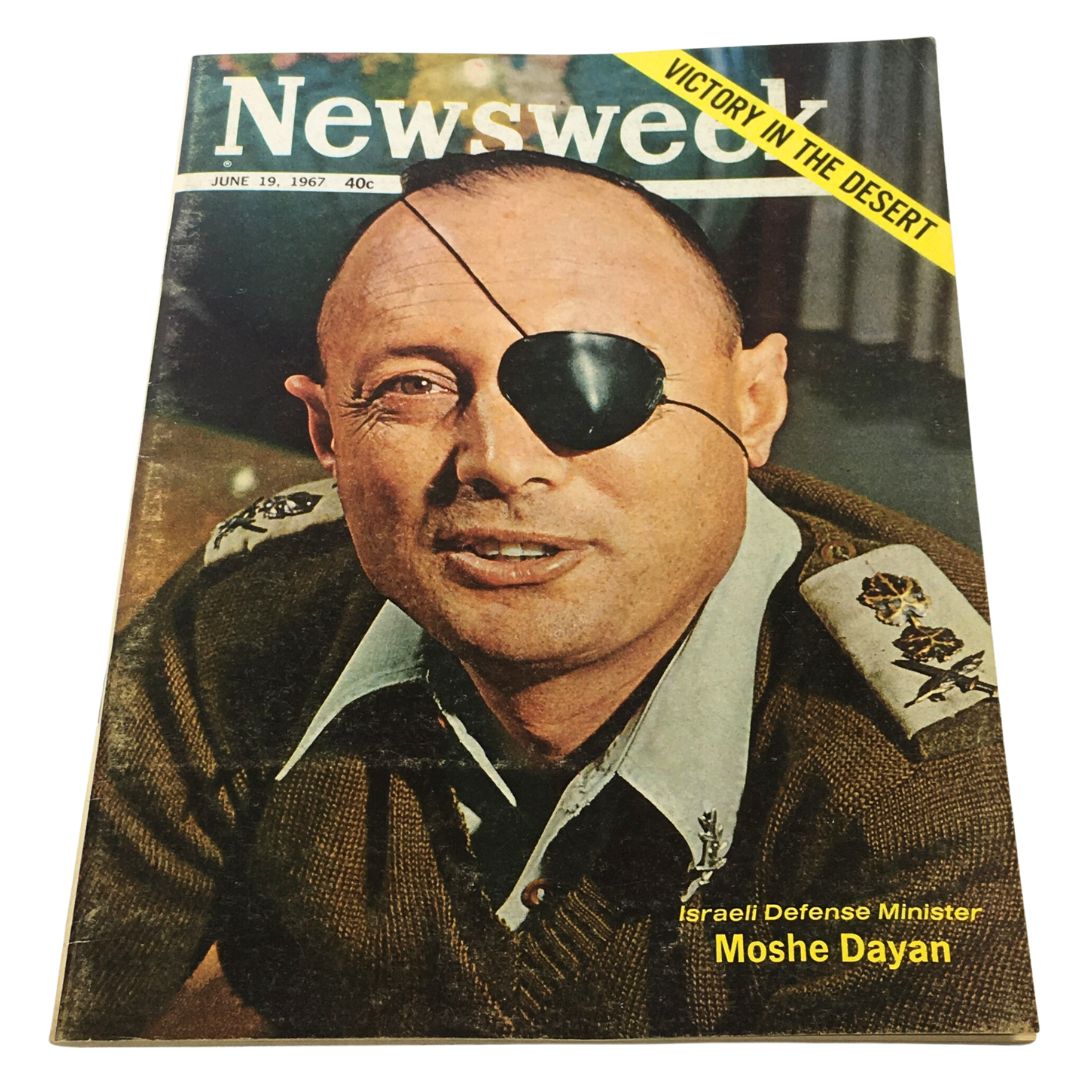 VTG Newsweek Magazine June 19, 1967 featuring Moshe Dayan on the cover, recognized as the Israeli Defense Minister, showcasing the vintage style and historical significance of the publication.