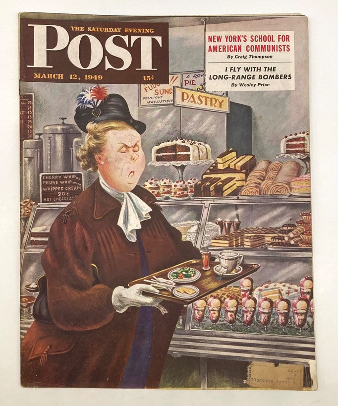 Illustrated cover of Saturday Evening Post Magazine March 12 1949, by Alajalov, featuring a woman serving desserts in a pastry shop with a vintage aesthetic.