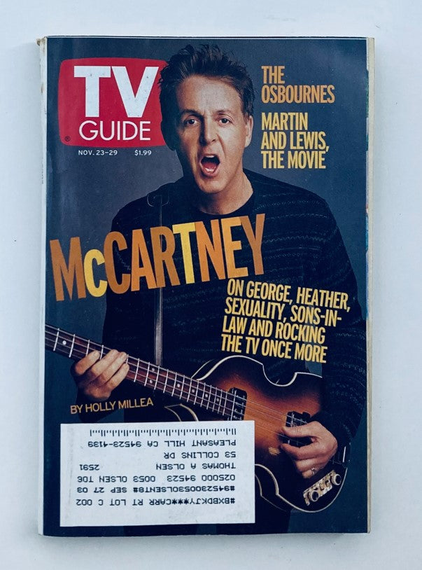 TV Guide Magazine cover from November 23-29, 2002 featuring Paul McCartney, highlighting his appearances on television, with a focus on topics such as family, sexuality, and his career. The magazine includes articles on The Osbournes, Martin and Lewis, and the movie being discussed.