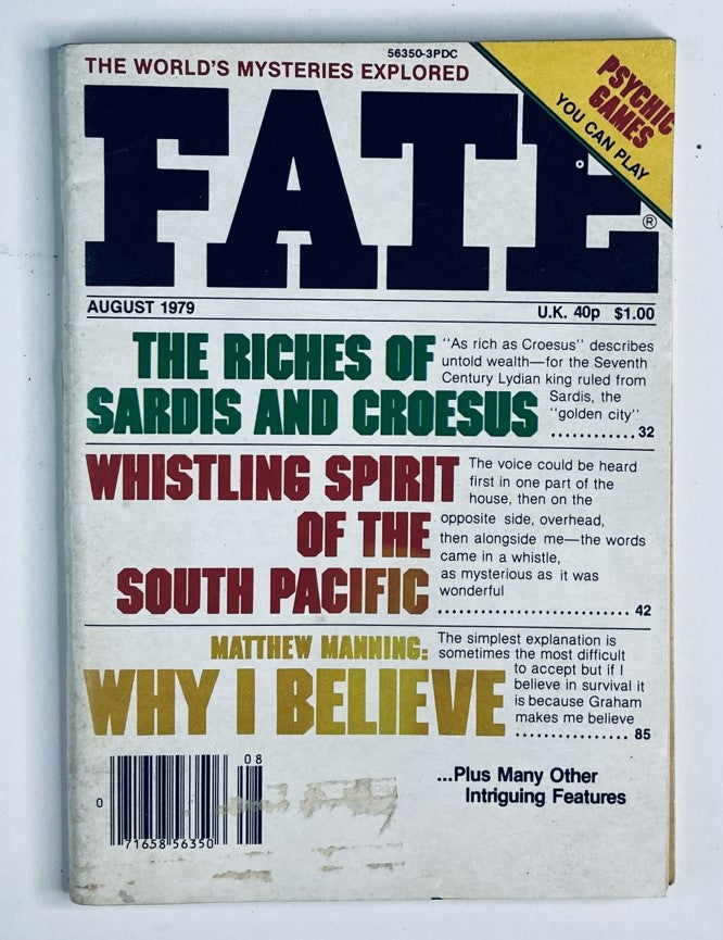 Cover of VTG Fate Magazine August 1979 Vol 32 No. 8 titled The Riches of Sardis and Croesus, featuring articles on mysteries, psychic phenomena, and more.