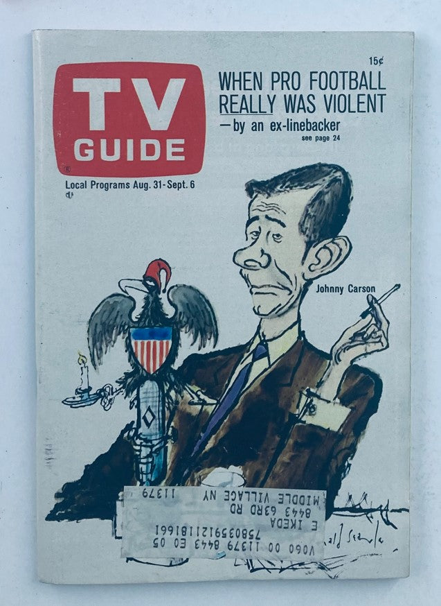 Cover of TV Guide Magazine August 31, 1968 #805 featuring Johnny Carson, illustrated with unique caricature art and highlighted by a discussion of pro football in the issue.