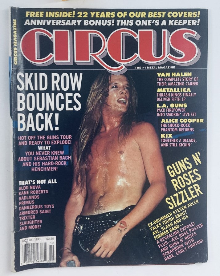 Circus Magazine October 31, 1991 featuring Skid Row on the cover, highlighting rock legends and music history, with additional articles on Van Halen and Guns N' Roses.