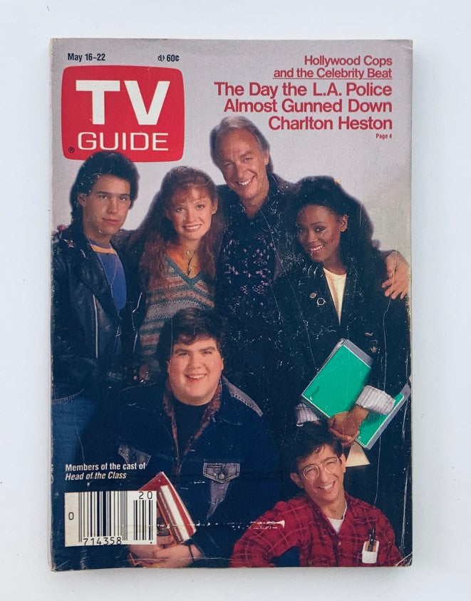 TV Guide Magazine from May 16, 1987 featuring the cast of 'Head of the Class' including Dan Frischman and Dan Schneider, showcasing articles about Hollywood and celebrity culture.