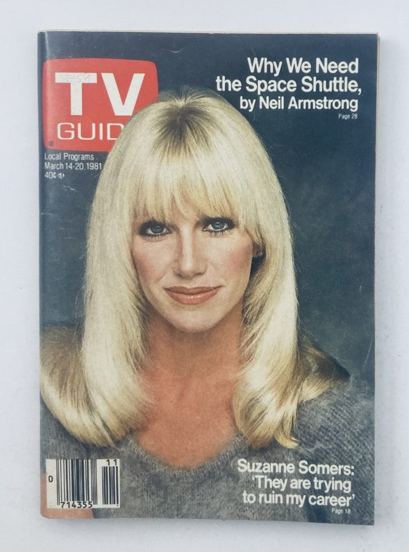 TV Guide Magazine March 14 1981 featuring Suzanne Somers on the cover, highlighting an article by Neil Armstrong, showcasing iconic TV history.