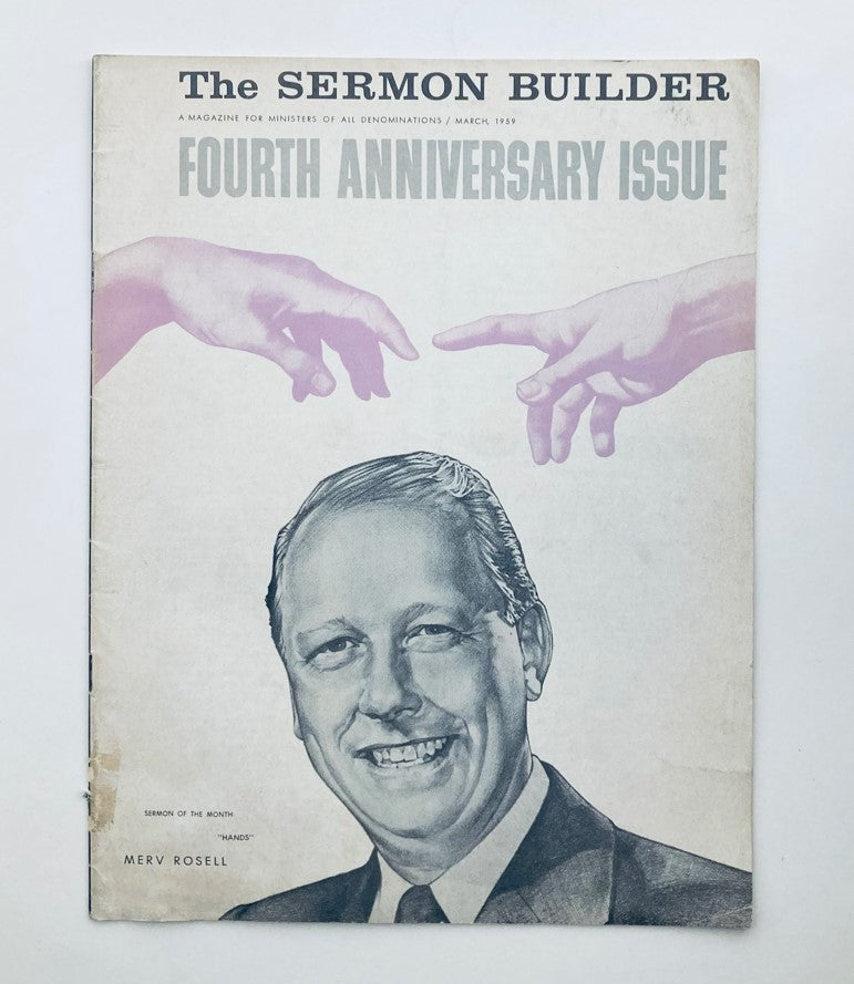 VTG The Preacher's Sermon Builder Magazine March 1959 cover by Merv Rosell, featuring a portrait of Merv Rosell with artistic hands reaching from above, symbolizing divine inspiration.