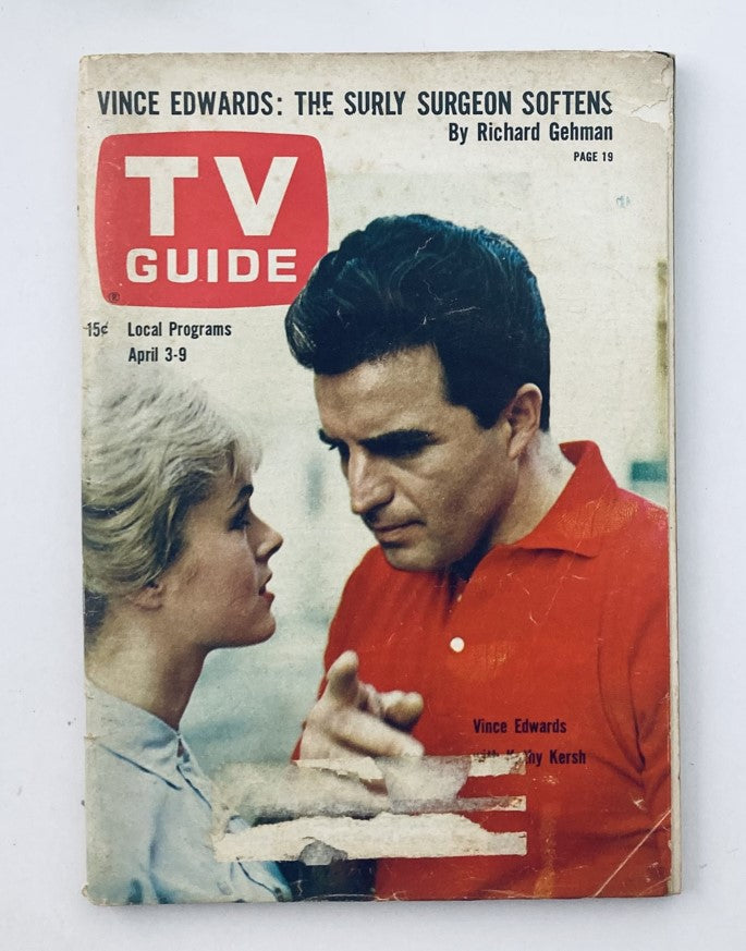 TV Guide Magazine April 3 1965 #627 featuring Kathy Kersh and Vince Edwards on the cover, showcasing a vintage television theme.