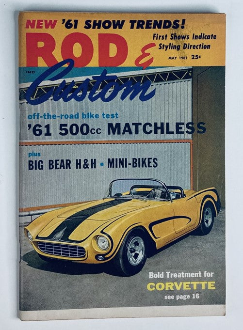 Cover of VTG Rod & Custom Magazine May 1961 featuring a yellow sports car and articles on Big Bear H&H Mini-Bikes and 500cc Matchless bikes.