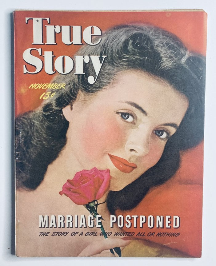 Cover of VTG True Story Magazine November 1943, Volume 49, Number 4 featuring the headline 'Marriage Postponed' with a portrait of a woman holding a rose.