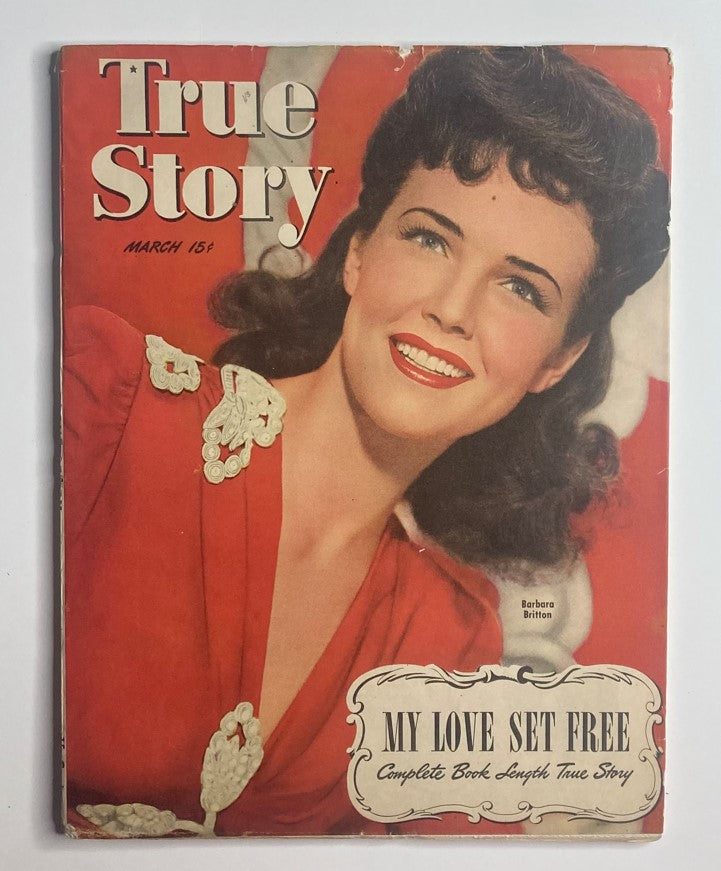 Cover of VTG True Story Magazine March 1945 featuring actress Barbara Britton, showcasing a vintage design and bright red outfit.