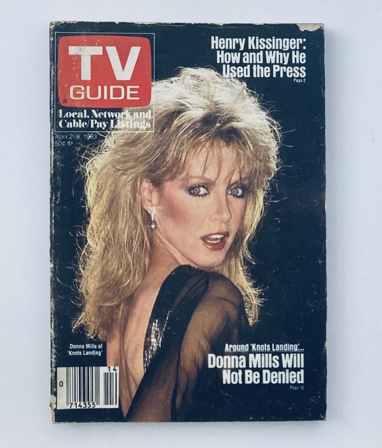 TV Guide Magazine April 2 1983 featuring Donna Mills on the cover, highlighting her role in 'Knots Landing', showcasing vintage magazine design.