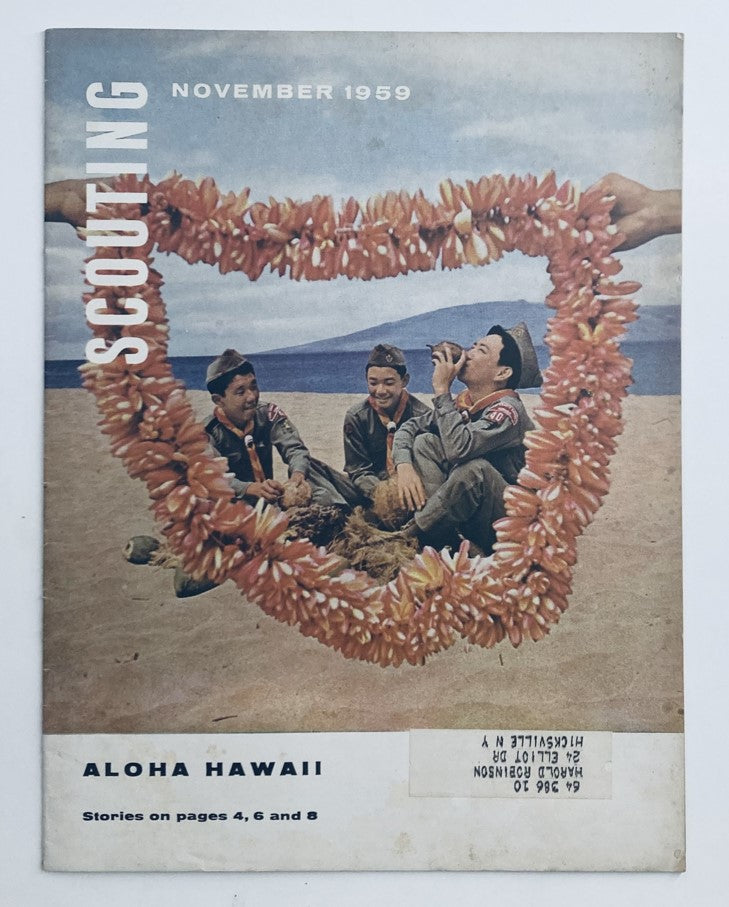 Cover of VTG Scouting Magazine November 1959 featuring scouts with a lei in Hawaii, highlighting stories on pages 4, 6, and 8.