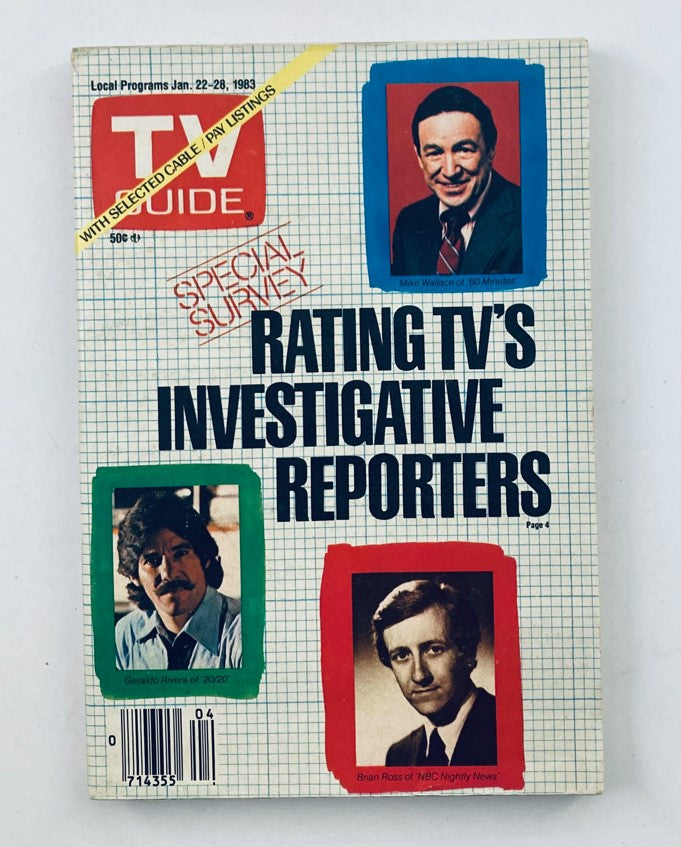 Cover of TV Guide Magazine January 22 1983 featuring Geraldo Rivera, Brian Ross, and Mike Wallace with the headline 'Rating TV's Investigative Reporters'.