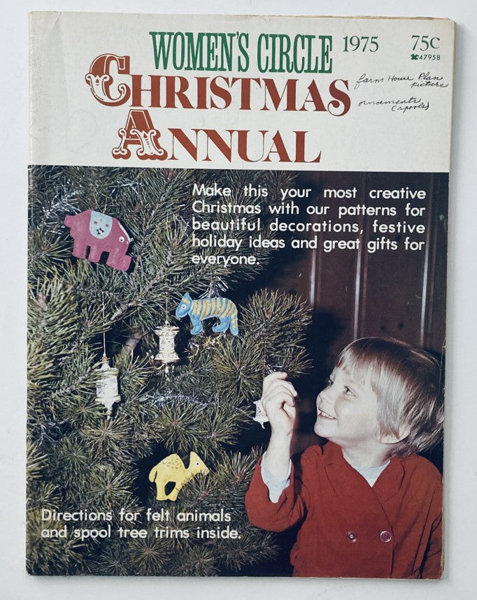 Cover of the VTG Women's Circle Magazine 1975 Christmas Annual Decorations, featuring a child with handmade ornaments on a Christmas tree.