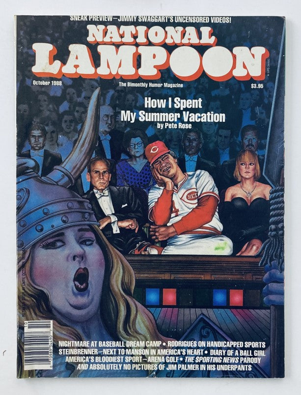 Vintage National Lampoon Magazine October 1988 cover featuring a humorous illustration and the title 'How I Spent My Summer Vacation' by Pete Rose, highlighting Jimmy Swaggart's videos.