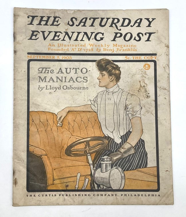 Cover of The Saturday Evening Post from September 5, 1903, titled 'The Auto-Maniacs' featuring a man in a striped shirt and a vintage automobile.