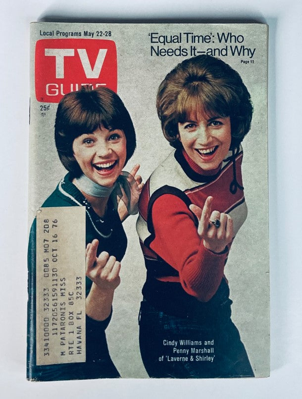 Cover of TV Guide Magazine May 22 1976 featuring Cindy Williams and Penny Marshall from 'Laverne & Shirley', showcasing a vintage design with a bold red logo and a playful pose by the stars.