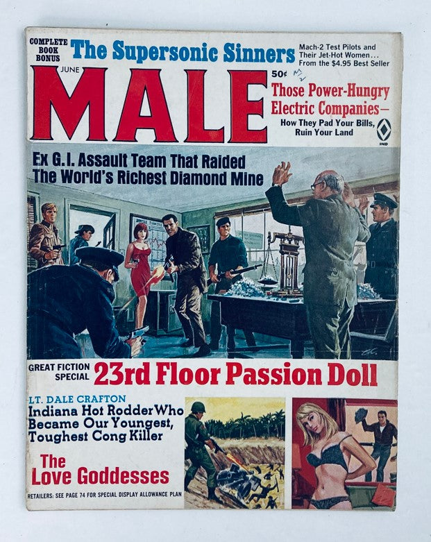 Vintage Male Magazine June 1967, Volume 17, No. 6 featuring the article '23rd Floor Passion Doll', showcasing an illustration of a dramatic scene with characters and a stylish cover design.