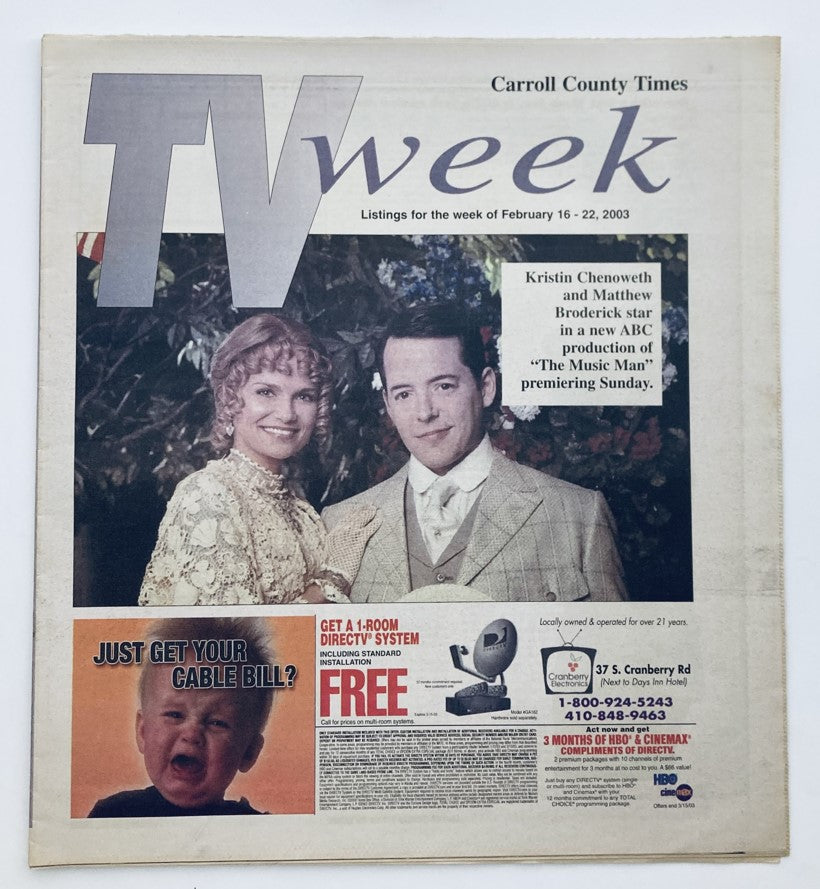TV Week Magazine February 16 2003 featuring Kristin Chenoweth and Matthew Broderick on the cover, promoting their starring role in the ABC production of 'The Music Man'. The image showcases a vintage magazine layout with promotional advertisements.