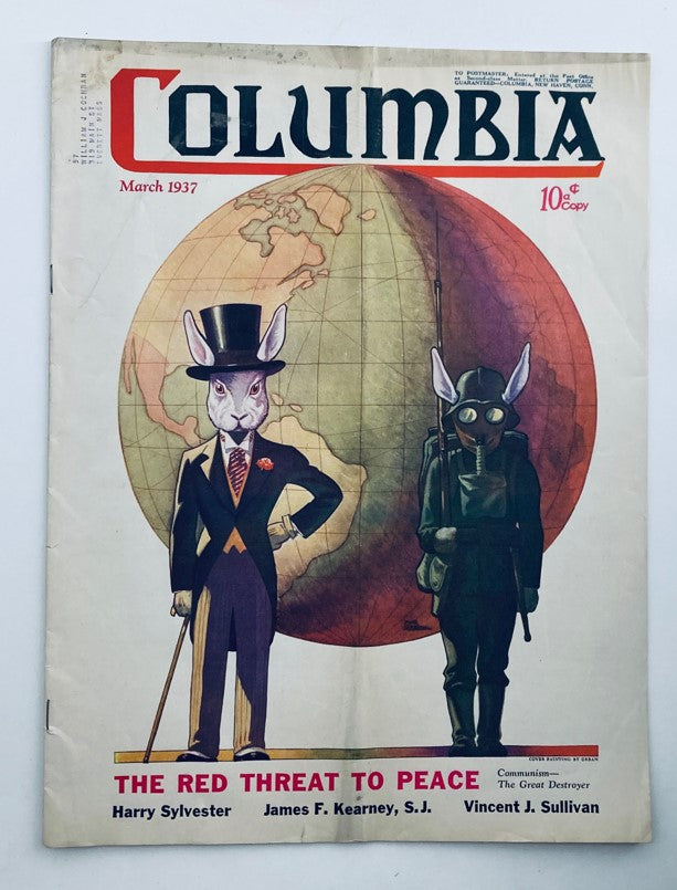 VTG Columbia Magazine March 1937 The Red Threat to Peace featuring a unique cover illustration of anthropomorphic characters including a rabbit in a tuxedo and a soldier, symbolizing the political climate of the era.