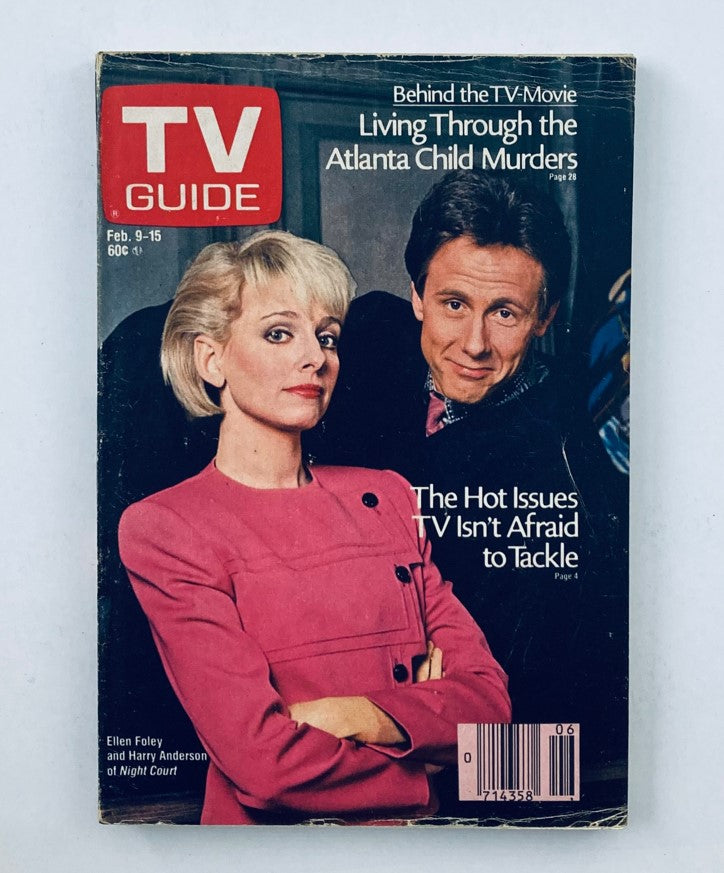 TV Guide Magazine February 9 1985 featuring the cast of Night Court, with Ellen Foley and Harry Anderson on the cover highlighting TV issues.