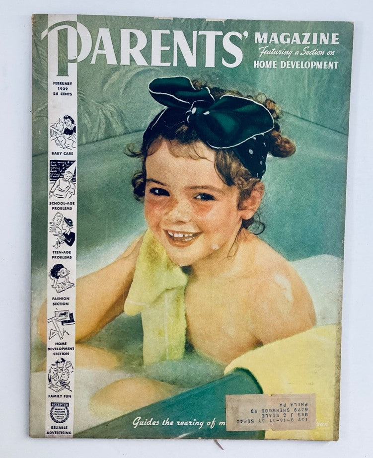 Cover of VTG The Parents' Magazine February 1939, featuring a smiling girl in a bath wearing a green bow, showcasing historical parenting themes.