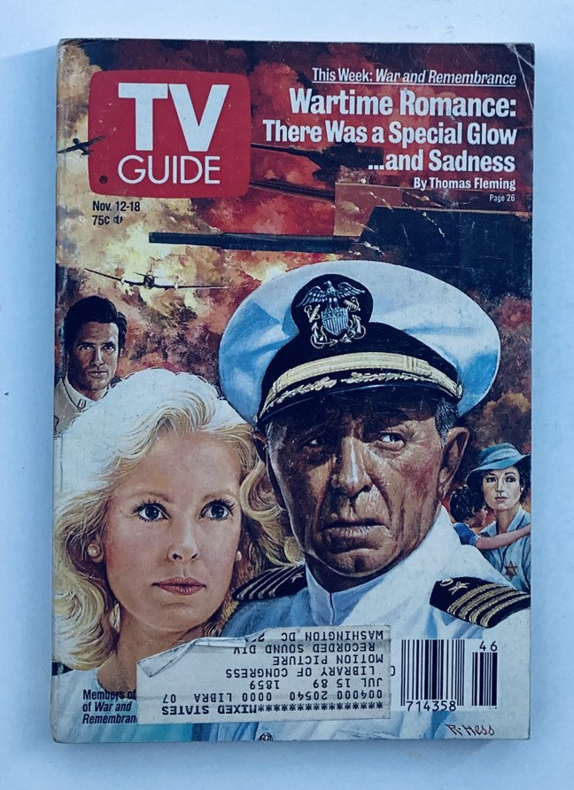 Cover of TV Guide Magazine dated November 12, 1988 featuring the cast of War and Remembrance with additional highlights on wartime romance and sadness.