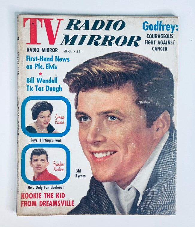 Cover of VTG TV Radio Mirror Magazine August 1959 Vol 52 #2 featuring Edd Byrnes, highlighting articles about celebrities including Connie Francis and Frankie Avalon.