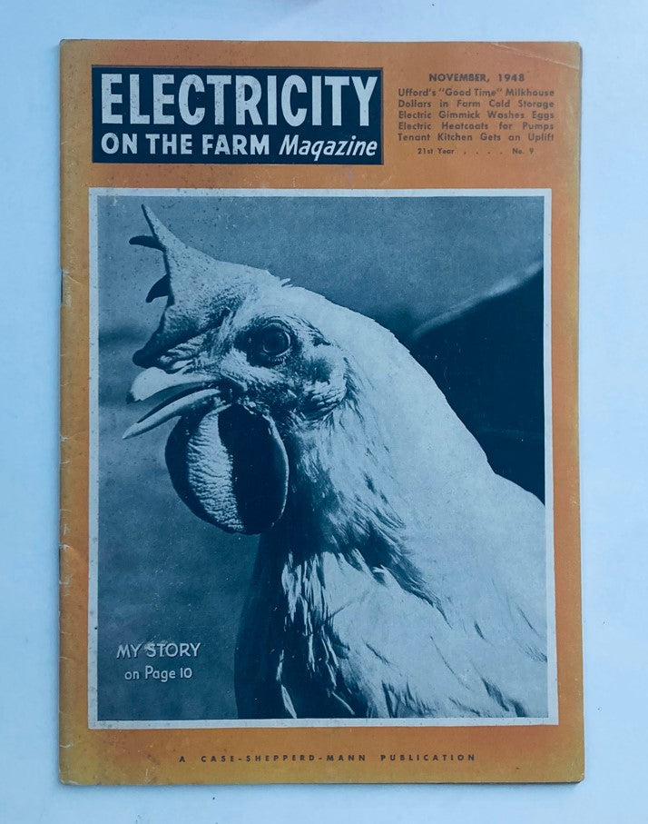 Cover of Electricity on the Farm Magazine, November 1948, featuring a chicken and the title 'Dollars in Farm Cold Storage'.