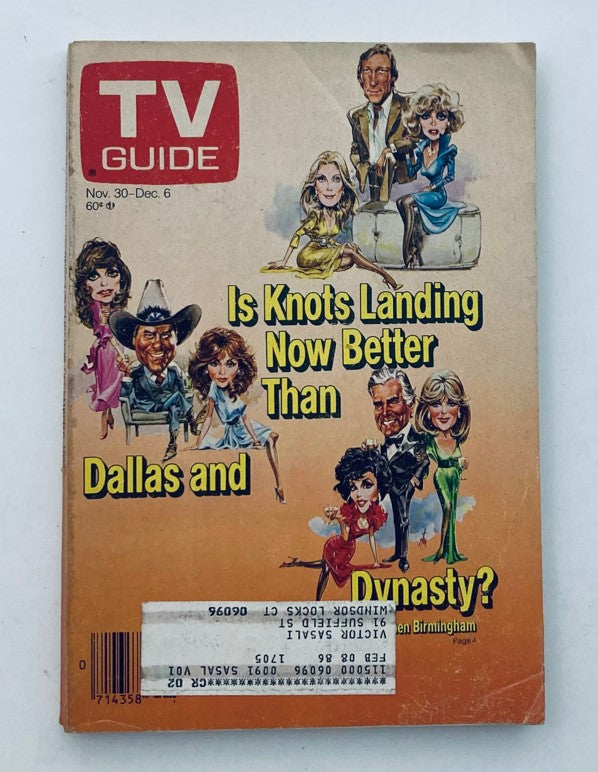 TV Guide Magazine November 30 1985 featuring caricatures of popular characters and actors from the TV shows 'Knots Landing', 'Dallas', and 'Dynasty'. The cover includes the question 'Is Knots Landing Now Better Than Dallas and Dynasty?' and showcases colorful illustrations of the characters.