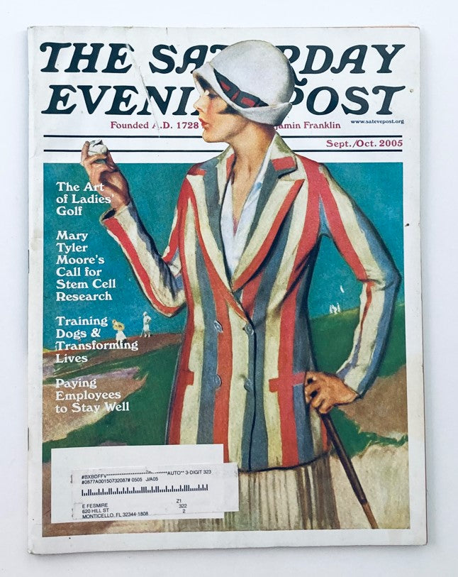 Cover of the Saturday Evening Post Magazine September 2005 featuring an illustrated design by Penrhyn Stanlaws, showcasing a woman in a colorful striped outfit.