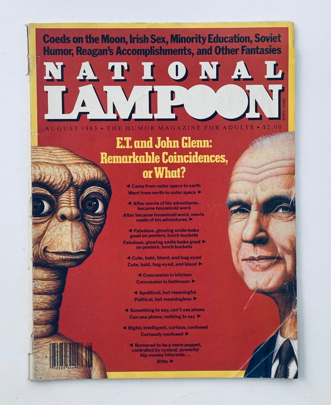 Vintage National Lampoon Magazine August 1983 cover featuring E.T. and astronaut John Glenn with humorous title 'E.T. and John Glenn: Remarkable Coincidences, or What?'. The cover showcases colorful artwork representative of pop culture in the 1980s.