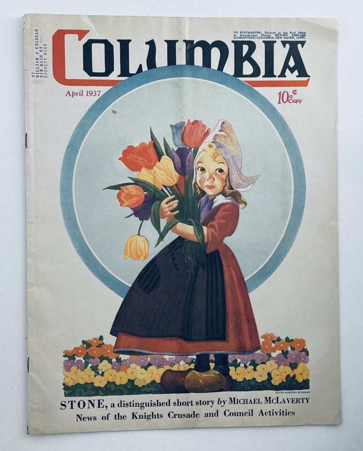 Cover of VTG Columbia Magazine April 1937 featuring artwork of a girl holding flowers, highlighting the distinguished short story 'Stone.'