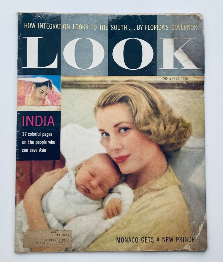 Cover of VTG Look Magazine May 27, 1958, featuring Princess Grace with a baby, showcasing mid-century elegance and royal charm.
