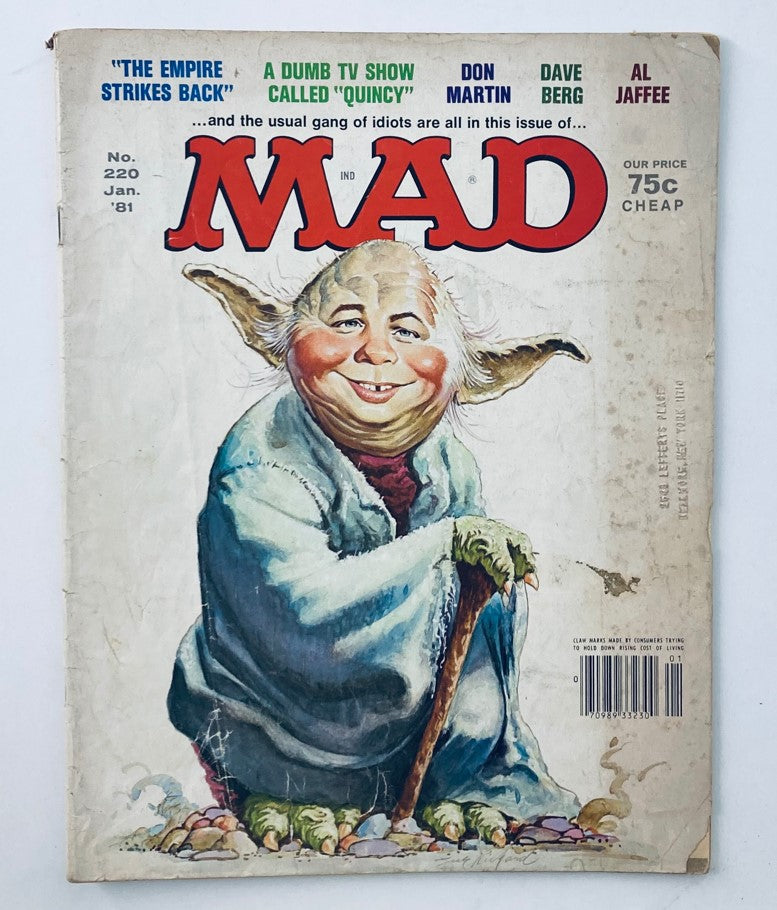 Front cover of VTG Mad Magazine January 1981 No. 220 featuring Alfred Yoda 2.0 in a humorous illustration. This vintage magazine showcases iconic comedy and satire, with a bright red 'MAD' logo and details of its contents including references to 'The Empire Strikes Back' and contributions by notable artists.