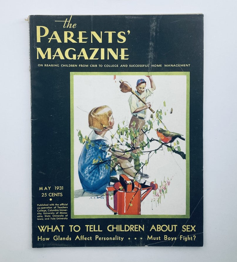 Cover image of VTG The Parents' Magazine May 1931, featuring children's activities and the question 'Must Boys Fight?'. The cover illustration depicts children interacting with nature, reflecting parenting themes from the early 20th century.