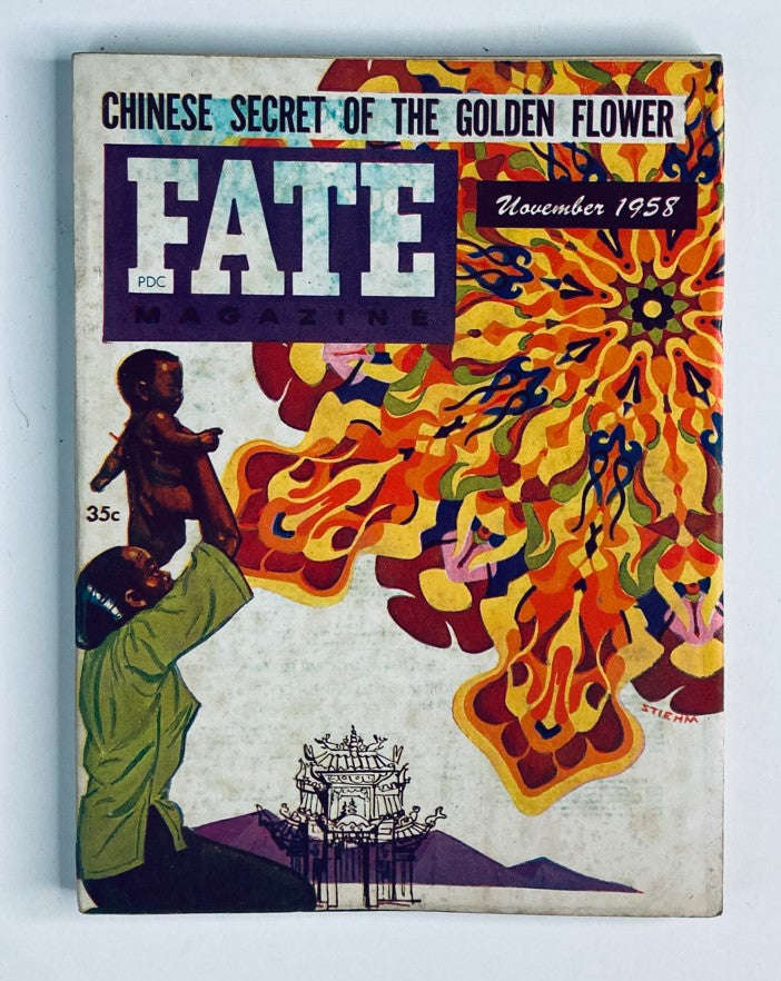 Cover of VTG Fate Magazine November 1958 Vol 11 No. 11 featuring vibrant artwork related to 'The Golden Flower', depicting a man holding a child with colorful abstract designs and historical motifs.