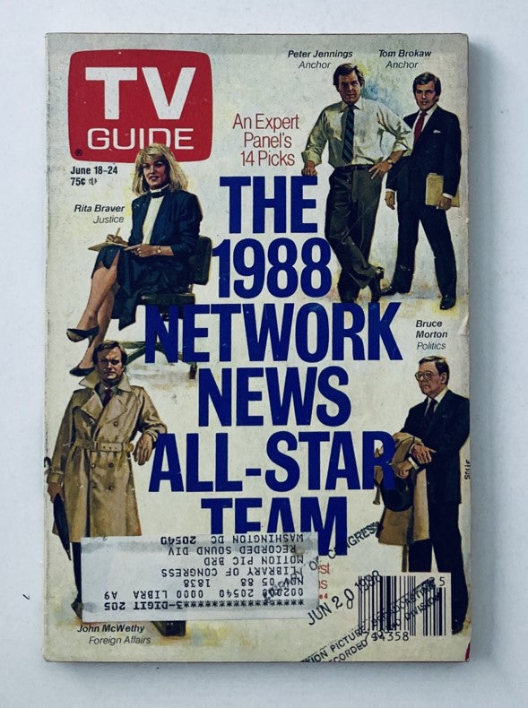 TV Guide Magazine June 18 1988 cover featuring Rita Braver and Tom Brokaw, showcasing the 1988 Network News All-Star Team with prominent news personalities including Peter Jennings and Bruce Morton.