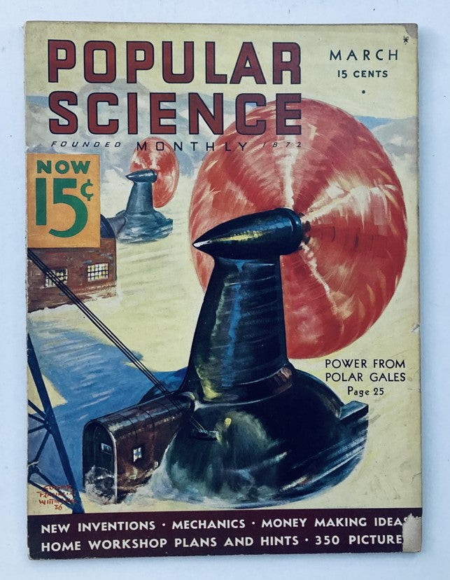 Cover of VTG Popular Science Magazine March 1936, featuring the article 'Power from Polar Gales', showcasing a striking illustration of scientific concepts and intriguing inventions from the era.