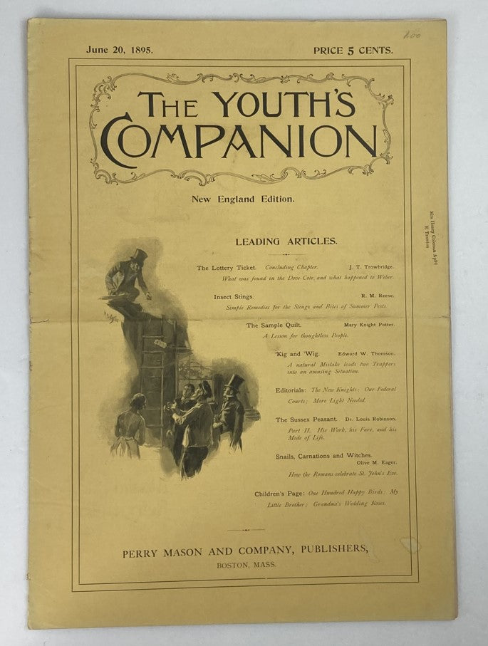 Front cover of The Youth's Companion Magazine dated June 20, 1895, showcasing leading articles and illustrations, a collectible vintage piece.