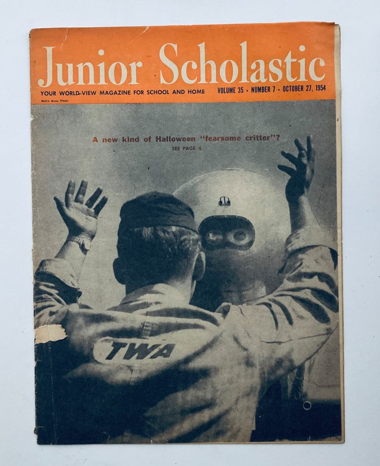 Cover of Junior Scholastic Magazine from October 27, 1954 featuring Halloween theme with the headline 'A new kind of Halloween fearful critter?' showcasing vintage style and nostalgia.