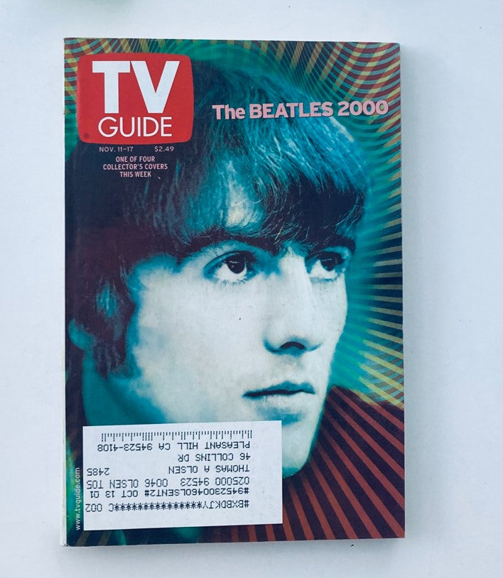TV Guide Magazine November 11 2000 featuring The Beatles 2000 cover, highlighting George Harrison with vibrant colors and retro design.